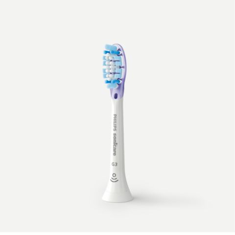 A Premium Gum Care brush head standing on a countertop