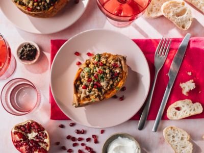 Stuffed sweet potato with lentils and pomegranate