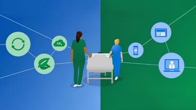 Illustration of clinicians moving patient bed, connecting sustainability and digital healthcare solutions