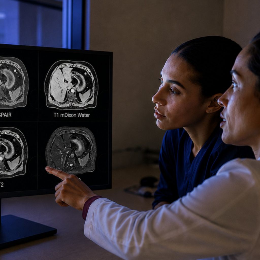 Physician and radiologist reviewing scans on monitor
