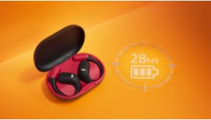 Up to 28 hours play time. Slimline charging case