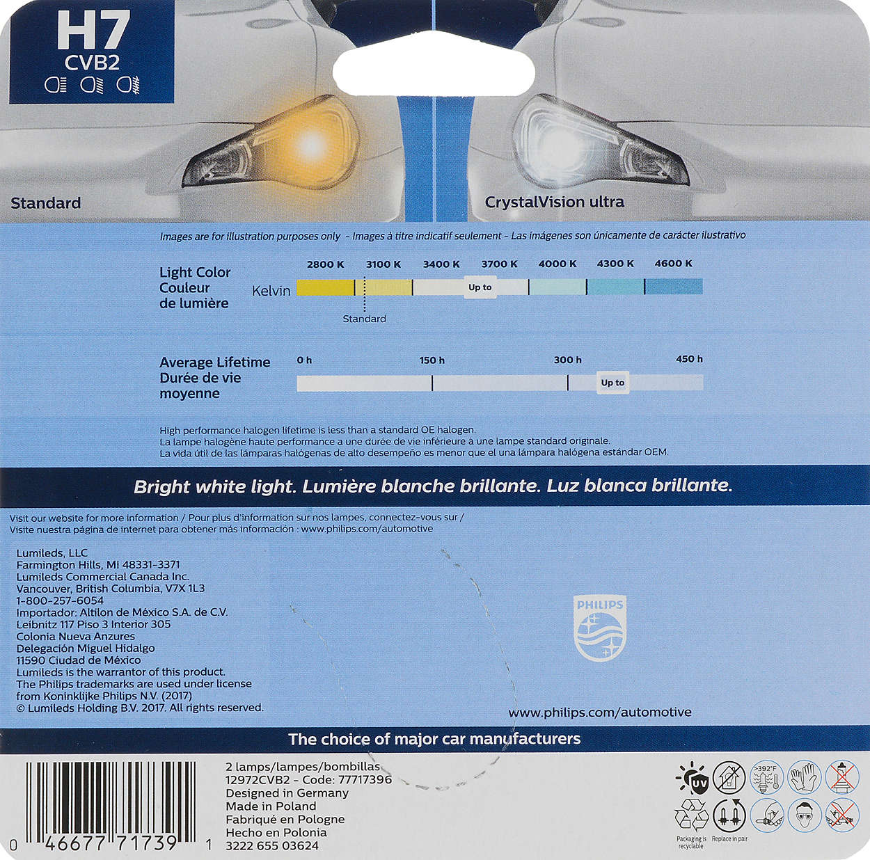 Philips VisionPlus 12972/H7 Halogen Low and High Beam Headlamp, Fog Light -  Up to 60 ft. Longer Beam, 12972VPB2 (H7VP)