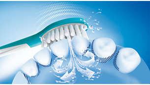 Sonicare dynamic sonic action drives fluid between teeth