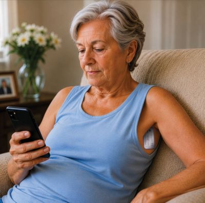 Philips’ Blue Spark partnership women wearing Blue Spark TempTraq with phone