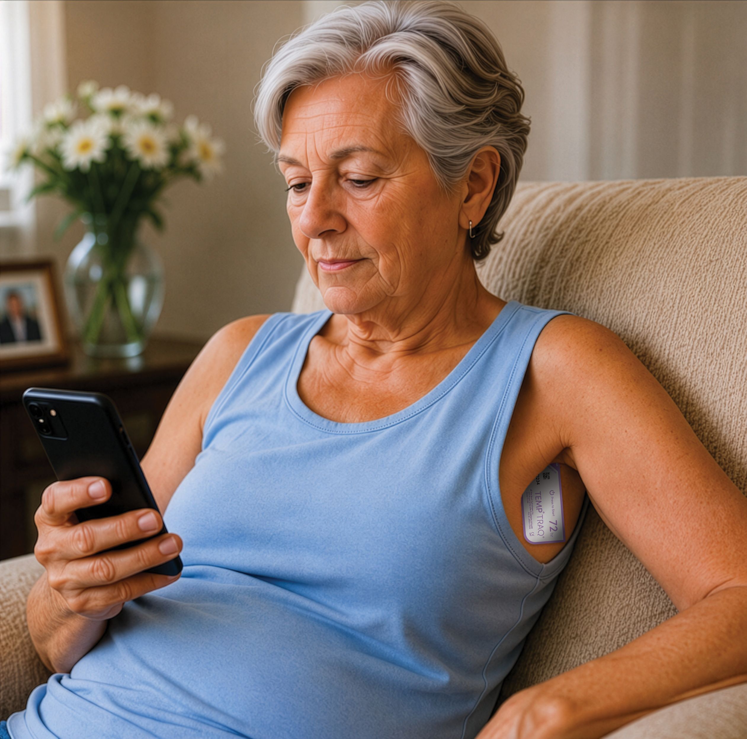  Philips’ Blue Spark partnership combines wearable disposable TempTraq® device with Philips monitoring ecosystem infrastructure seen here worn by a women with phone and Blue Spark device
