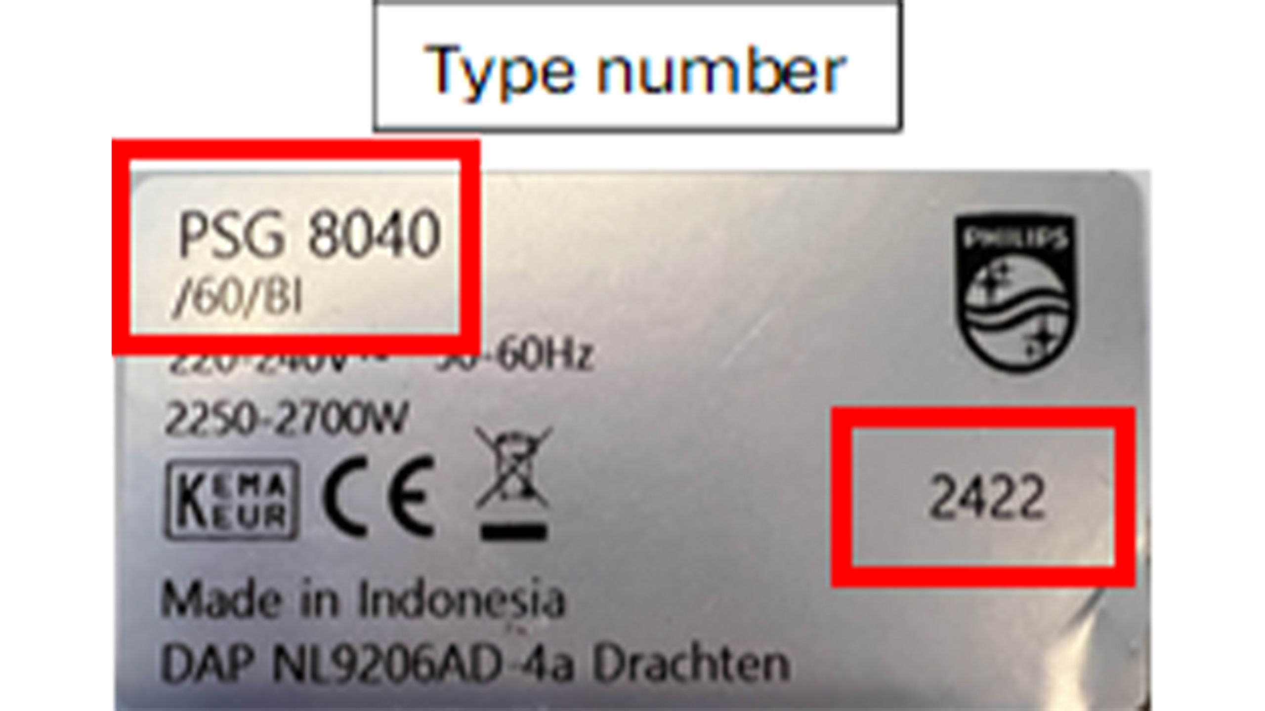 Type number label on steam generator iron
