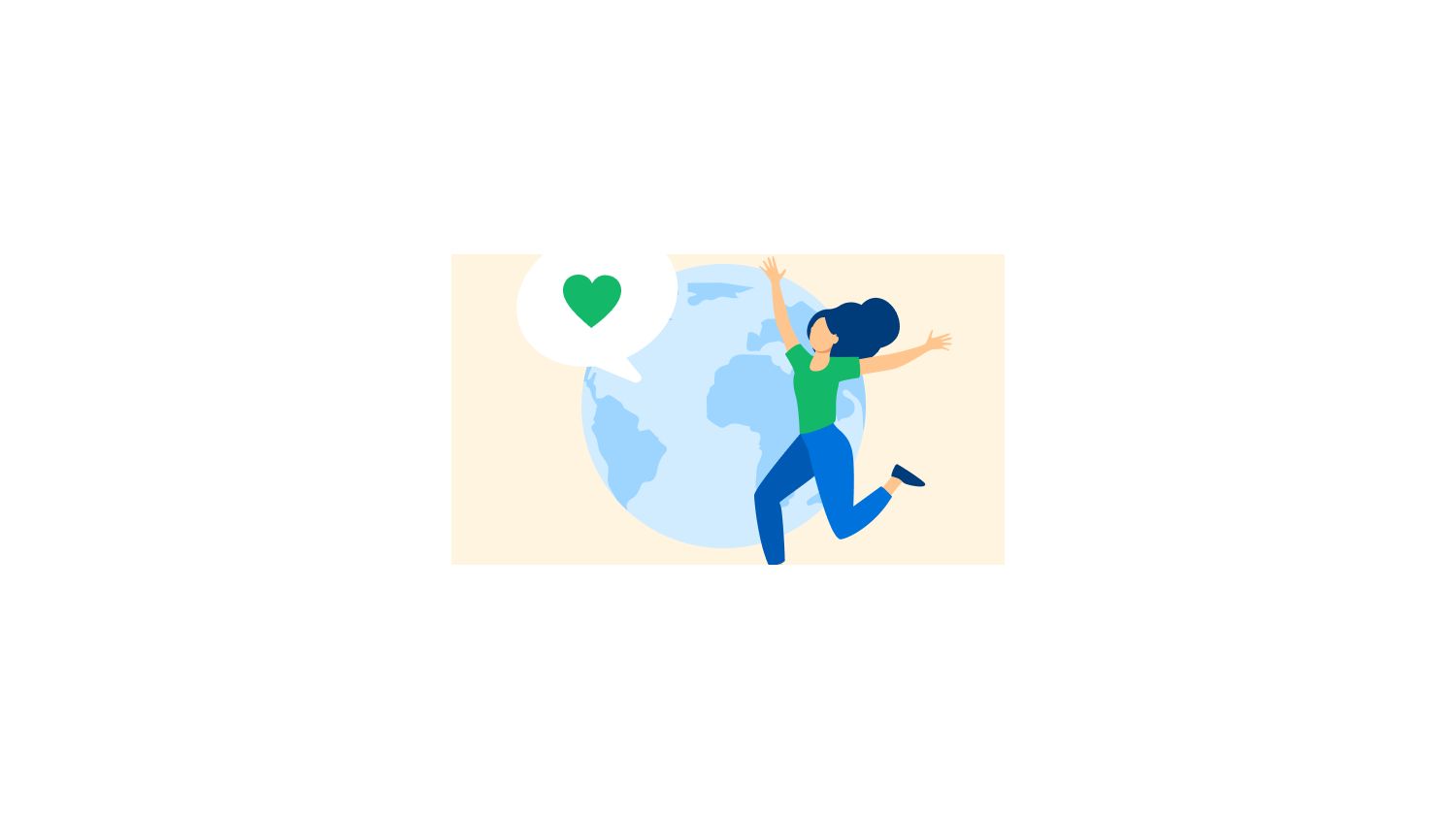 Illustration of a happy woman jumping in front of a globe with a speech bubble containing a green heart