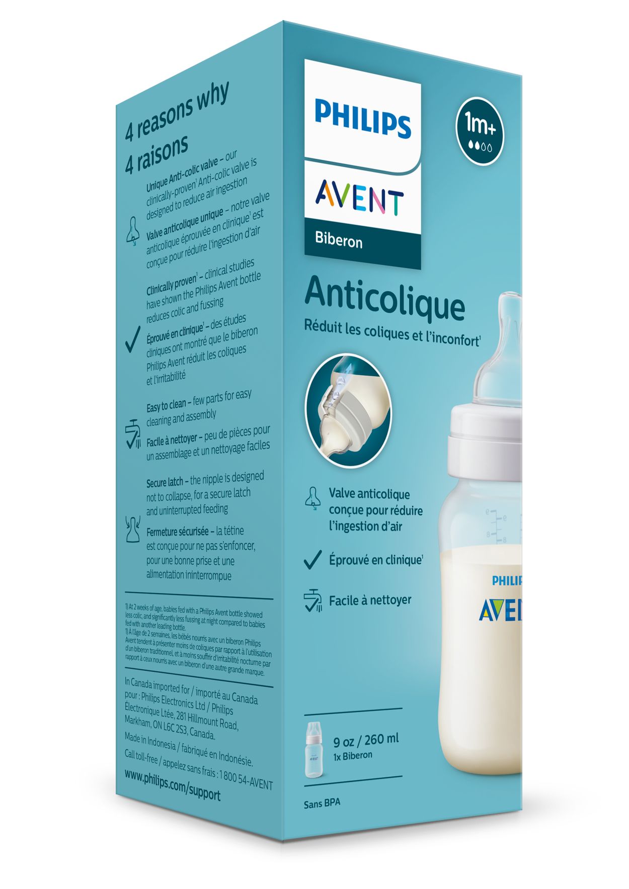 philips avent biberon 260 ml anti-fuites bleu