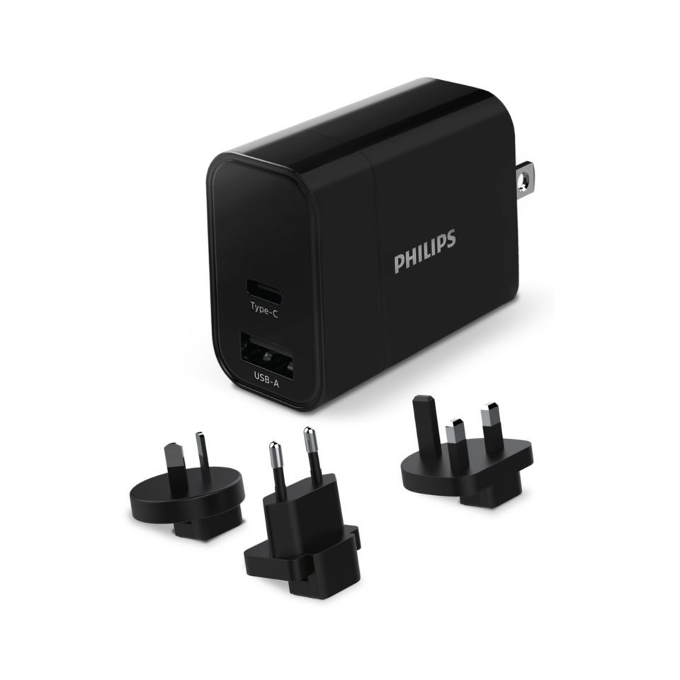Chargeur secteur de voyage avec ports USB-A et de type C