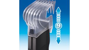 El peine-guía del cortapelos se puede fijar en 9 posiciones diferentes