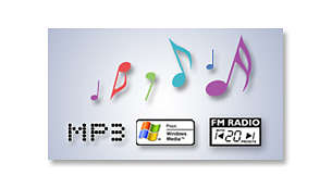 Enjoy MP3 and WMA music plus FM tuner