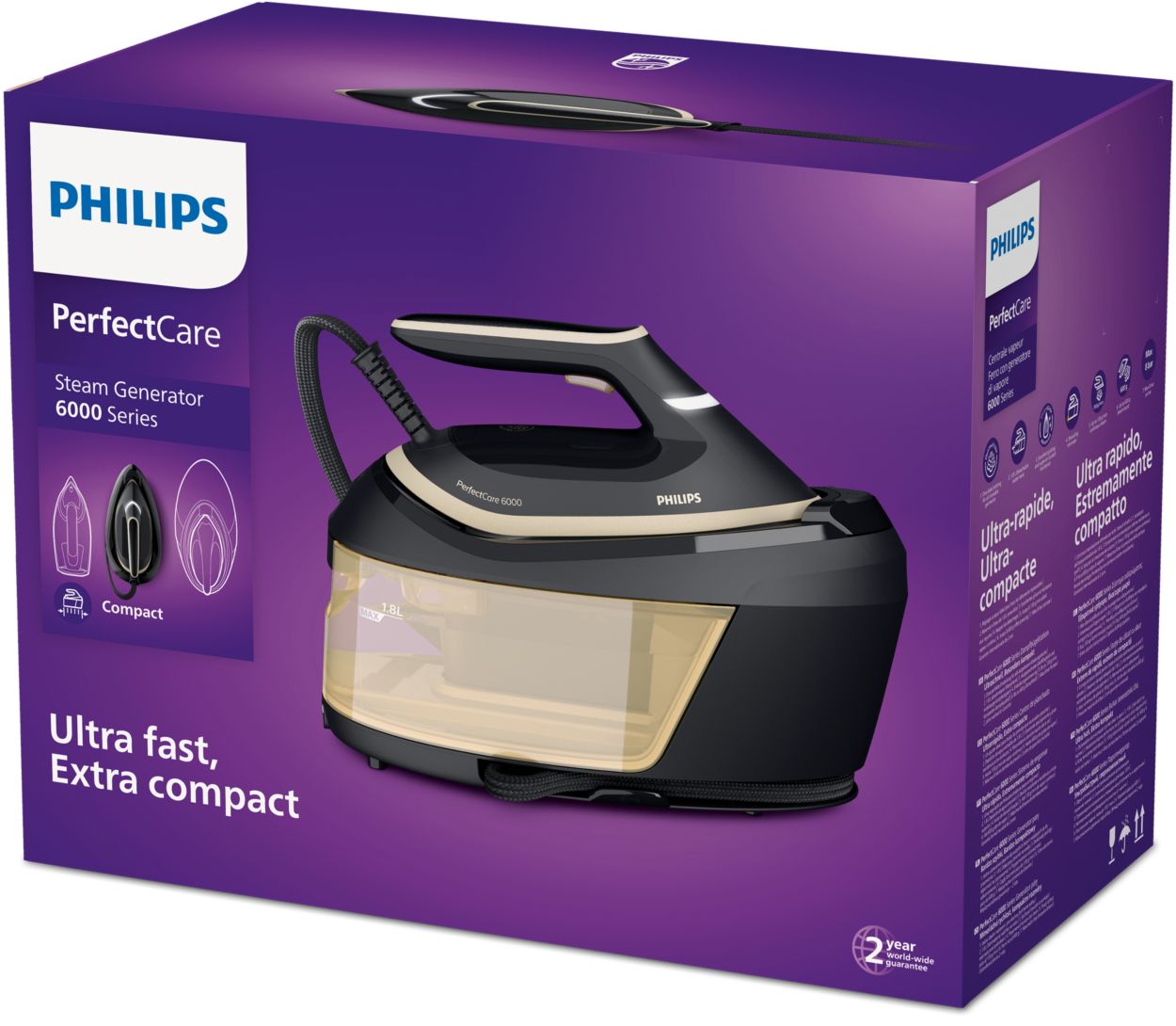 Philips Domestic Appliances Perfectcare 6000 Series Ferro Da Stiro Con  Caldaia 2400 W, Colpo Di Vapore 600 g, Pressione 8 Bar, Tecnologia  Optimaltemp, Serbatoio 1.8 L, Psg6064/80, Nero Oro : : Casa e  cucina