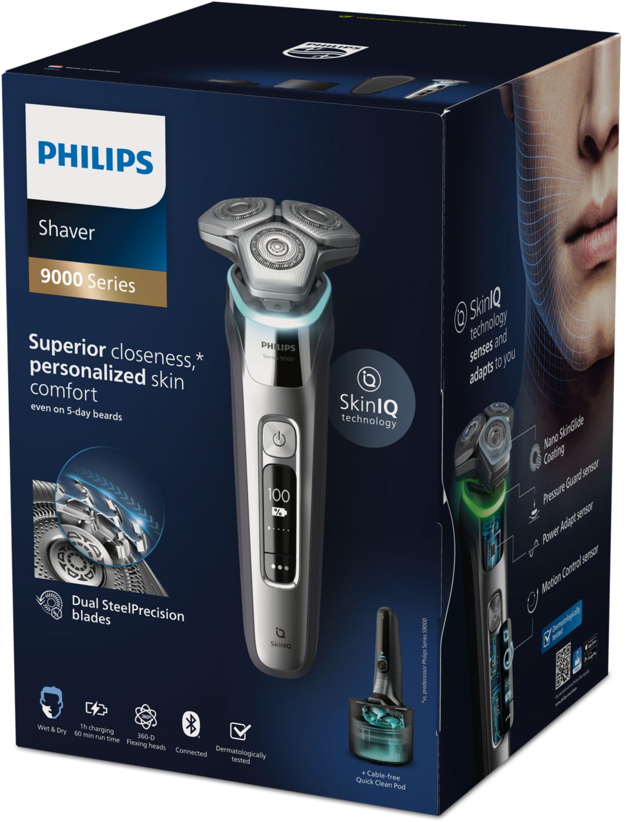 Philips S5887/35 Rasoio SkinIQ Testine Flessibili 360-D Rifinitore Wet&Dry  R.1h/A.60min Base Custodia