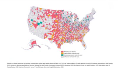 Mapa de Estados Unidos codificado con colores por nivel de acceso a la atención de maternidad