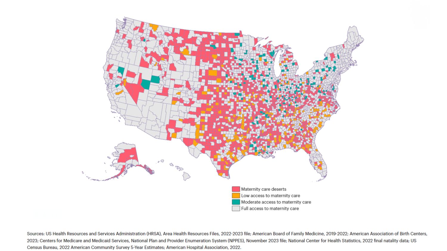 Map of the United States color coded by level of access to maternity care