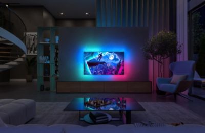 OLED plus TV with four sided ambilight in living room