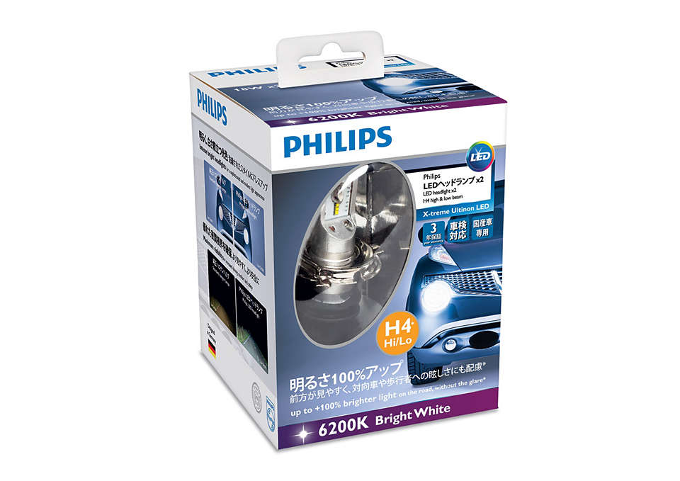Philips h4 12v led x-treme Ultinon Hi/lo 23w x2 Bright White 6200k (2шт). Фара филипс