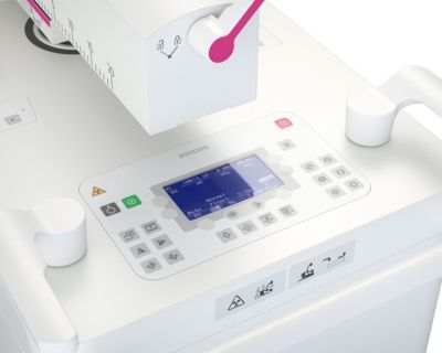 Panel de control del sistema de radiografía digital Philips con pantalla azul y botones táctiles