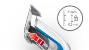 10 段階の長さ調節：3～21 mm または 0.5 mm（コームなし）
