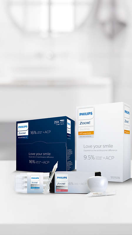 Philips Zoom! take-home solutions arranged on a countertop