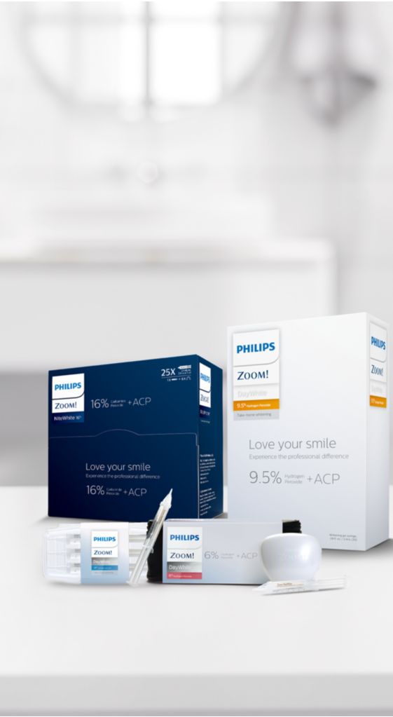 Philips Zoom! take-home solutions arranged on a countertop