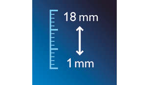 18 vergrendelbare lengtestanden, van 1 tot 18 mm