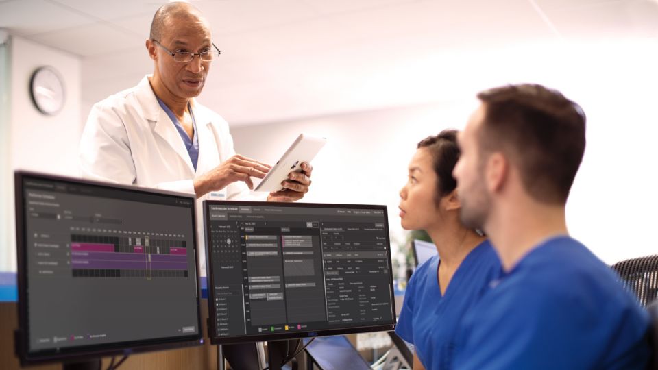 Philips IntelliSpace cardiovascular showing scheduling workflow on screen