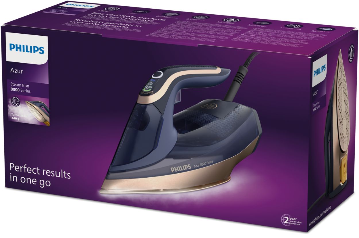 Philips Azur 8000 Series Steam Iron - 70 g/min Continuous Steam, 240 g  Turbo Steam Boost, 3000 W Power, OptimalTEMP Technology, Green Opal