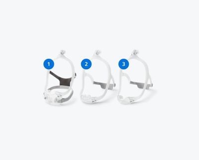 A CPAP mask shown with three available cushion options