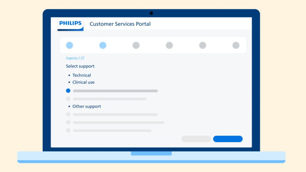 Philips portal interface on a laptop, welcoming the user and displaying a scheduled field change order