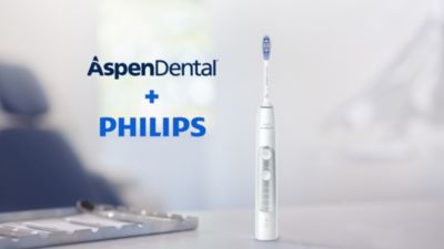 Philips Sonicare toothbrush displayed alongside Aspen Dental and Philips logos