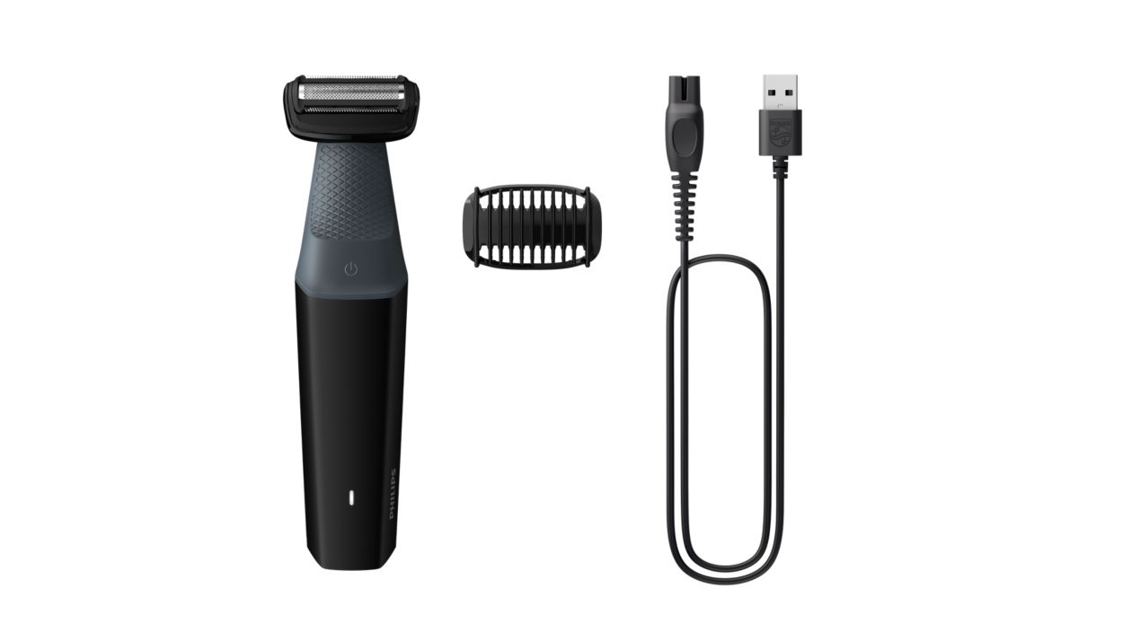 Philips Bodygroom Series 3000 men's body shaver with 3 comb attachments for  trimming (model BG3015/15) cutting length min. 3 mm, max. 7 mm