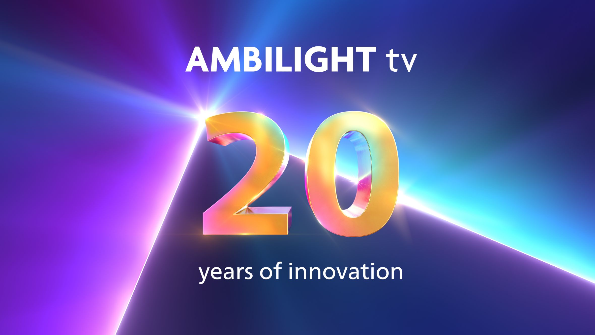 Colorful promotional graphic celebrating 20 years of Ambilight TV innovation, with glowing text and light beams.