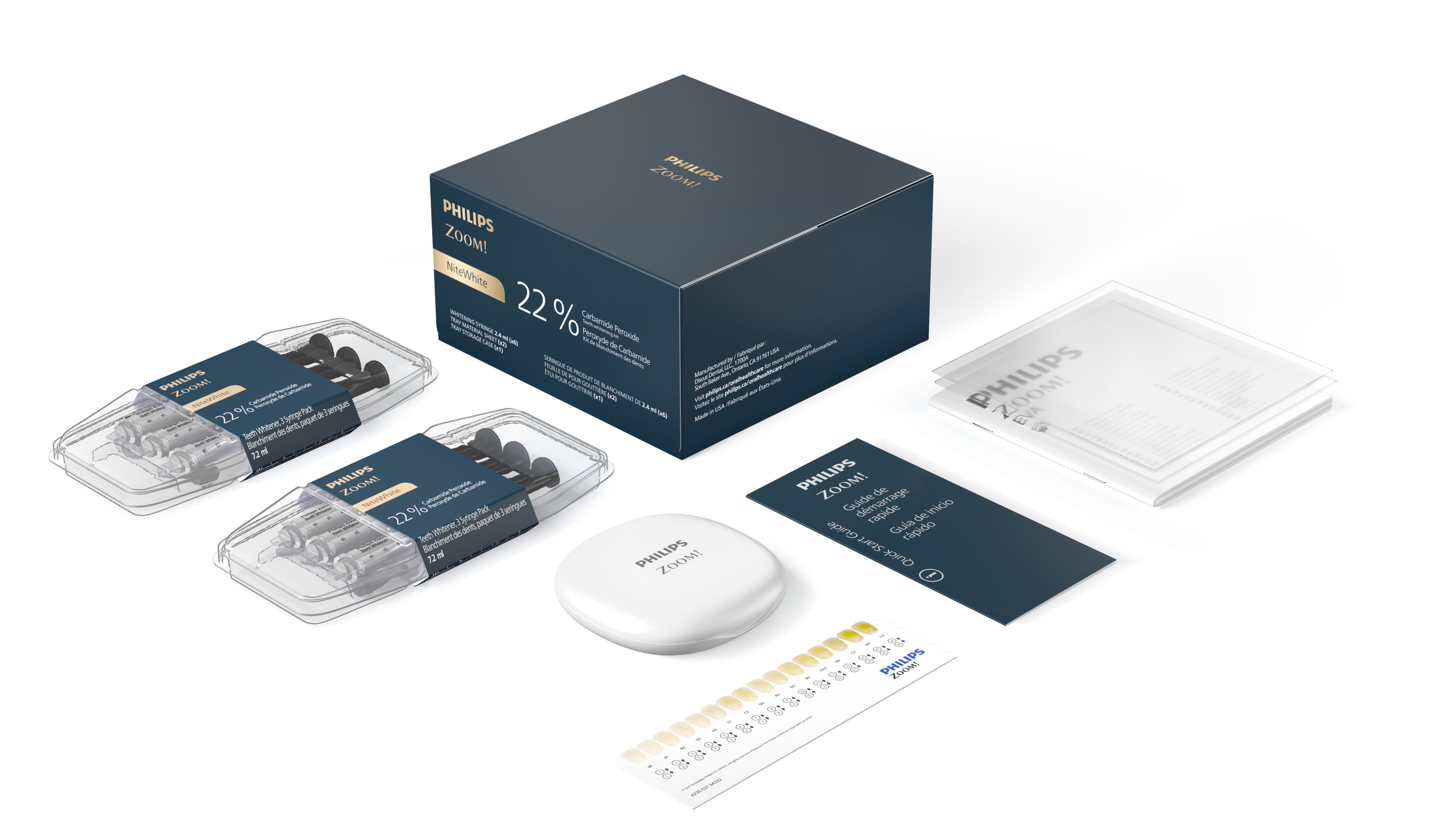 An arrangements of the items in a Philips Zoom! whitening kit.