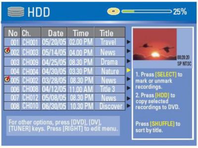 HDD Content menu