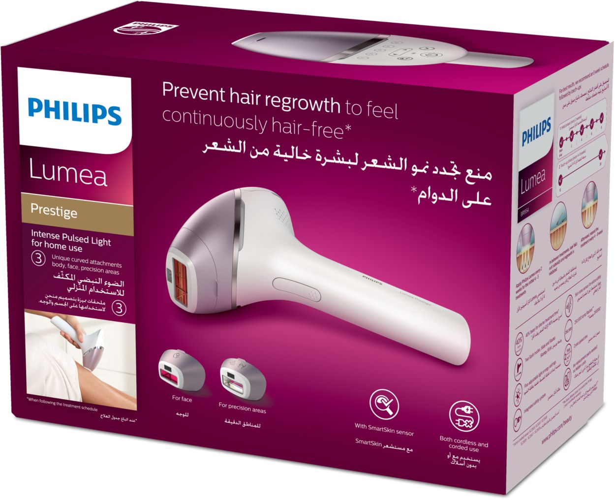 Philips Lumea Prestige Depiladora IPL, Tecnología Sense IQ, Luz Pulsada,  con cable, 4 Cabezales Inteligentes (Cuerpo, Bikini, Axilas y Cara) y  SmartSkin Sensor, incluye un Recortador Precisión : : Belleza