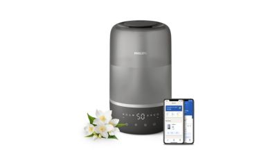 Philips Luftbefeuchter der 1000er mit dargestellter mobiler App-Benutzeroberfläche