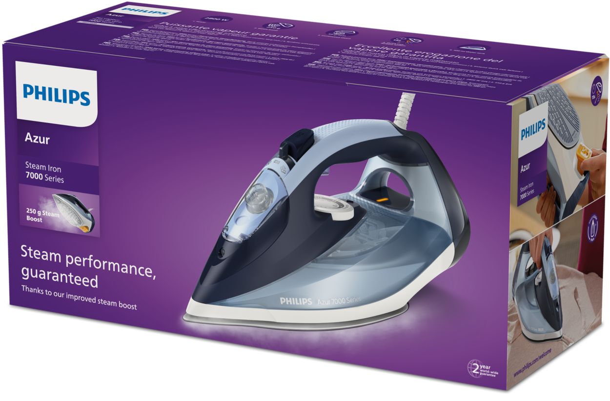 Philips Azur Series 7000 Ferro da Stiro a Vapore - 2800 W, Vapore Continuo  50g/min, Colpo Vapore da 250 g, Vapore Verticale, Piastra SteamGlide Plus,  Blu/Azzurro (DST7020/20) : : Casa e cucina