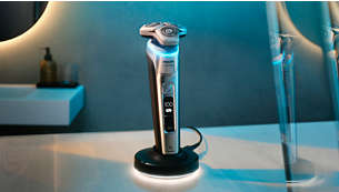 Guarde e carregue a sua máquina de barbear numa base com luz de alta qualidade