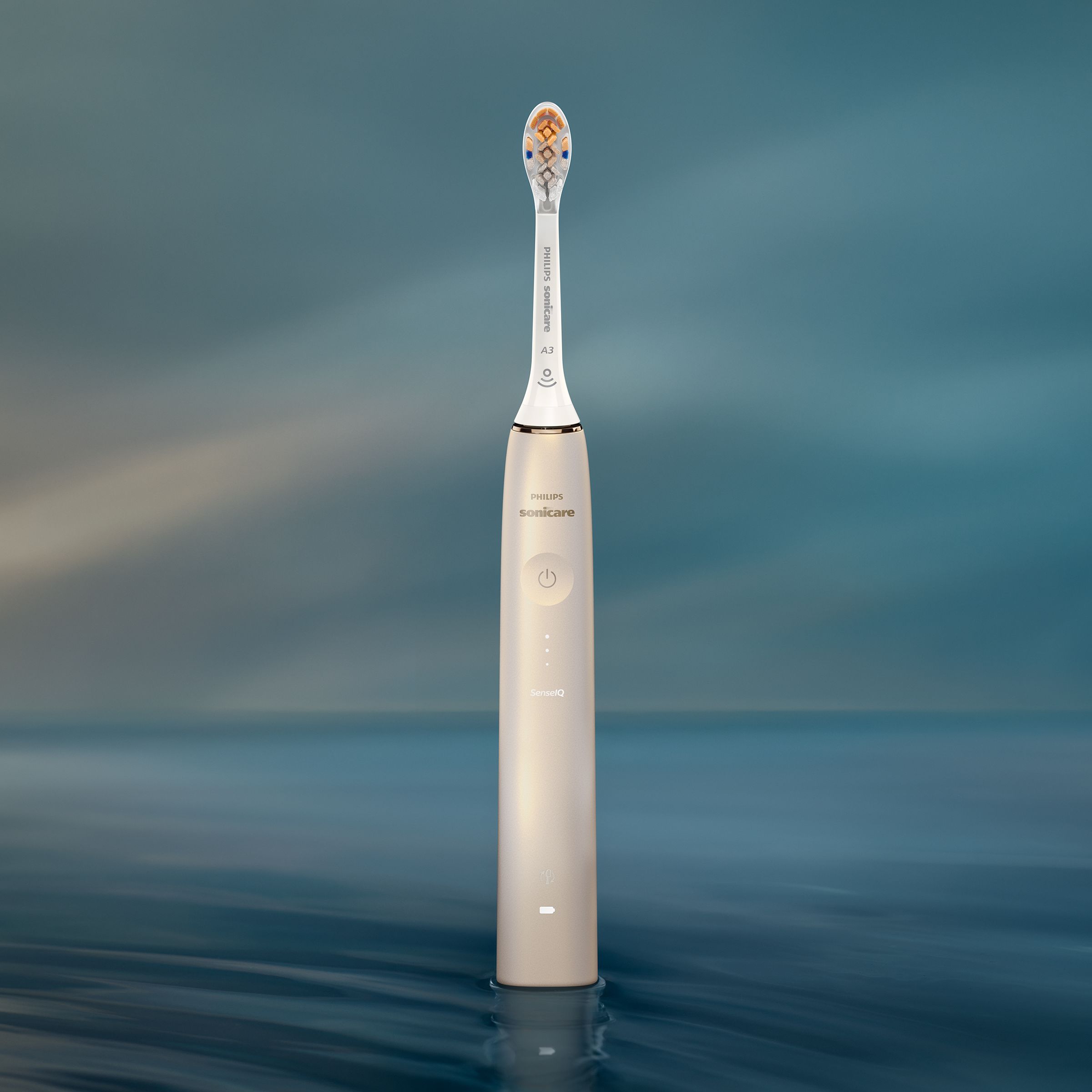 Philips Sonicare Prestige 9900 power toothbrush with All-in-One brush head standing on a countertop