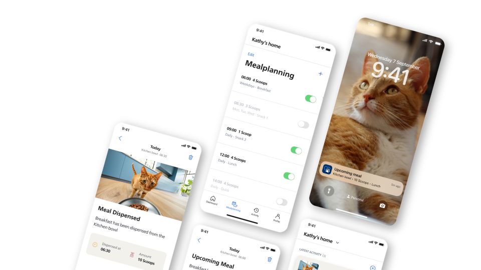 Dos demostraciones en la pantalla del teléfono de la aplicación Philips Pet Series y una pantalla de bloqueo de un gato naranja con una notificación de dispensación inminente.