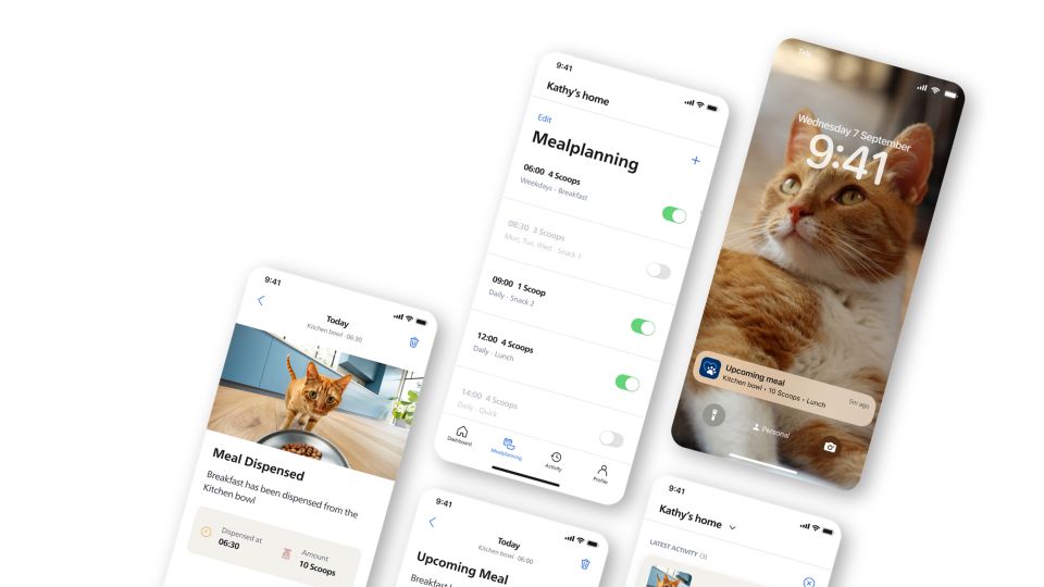 2 phone screen demos of the Philips Pet Series app and 1 lockscreen of an orange cat with an upcoming meal notification.
