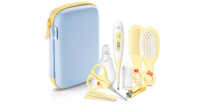 Philips Avent-babyverzorgingsset - Essentiële babyverzorgingsset met 9 accessoires, nagelknipper, schaar, 3 nagelvijlen, kam, haarborstel, neusreiniger en vingertandenborstel model SCH401/00