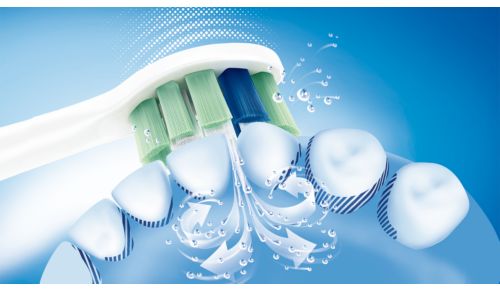 De dynamische vloeistofwerking van Sonicare stuwt vloeistof tussen de tanden