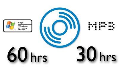 60 horas de reproducción de música en WMA-CD o 30 horas en MP3-CD