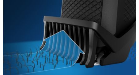 Trims evenly and captures low-lying hairs