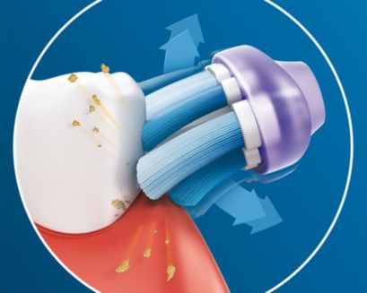 Graphic of a Premium Gum Care brush head brushing away biofilm