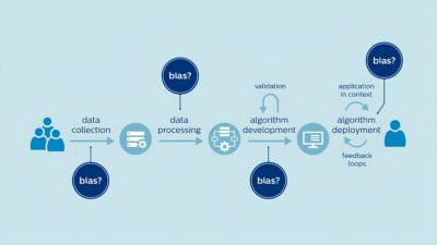 Infographic showing potential bias points in AI workflow from data collection to deployment