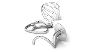 Metal kneading hook, whisk and beater, designed to perform