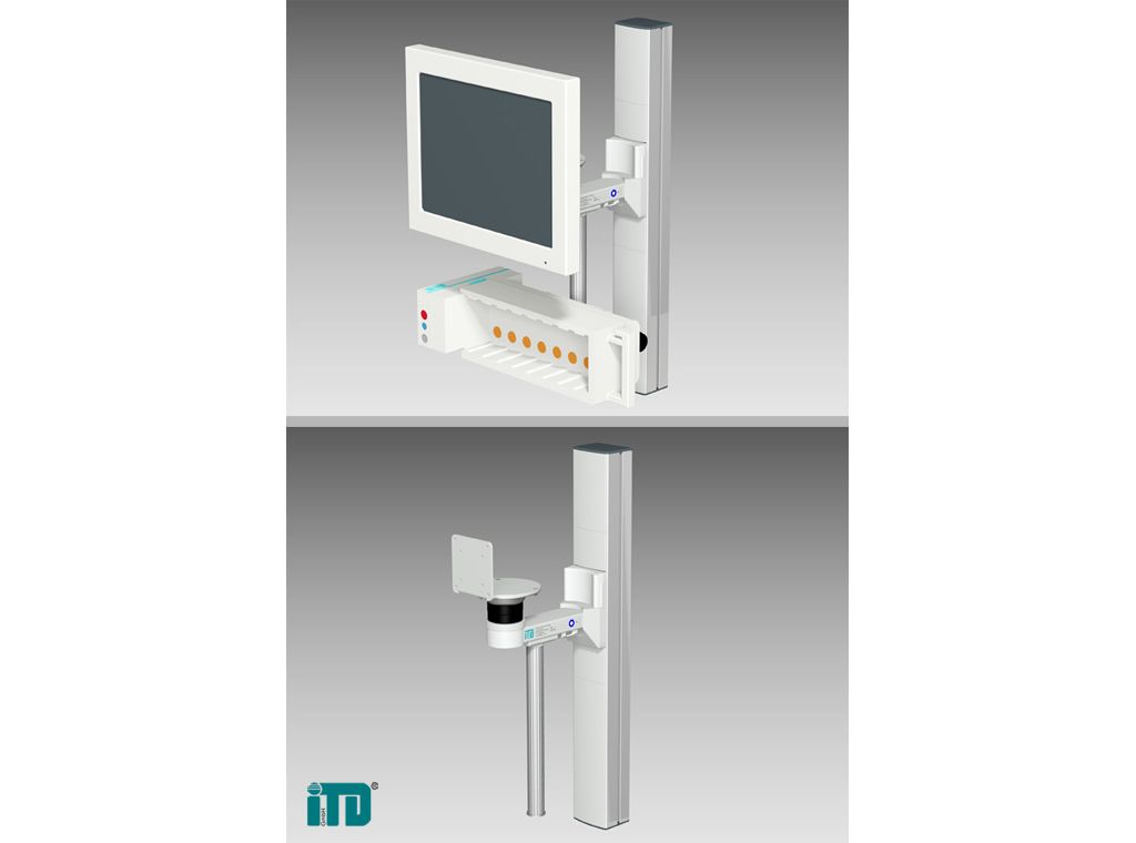 Rigid arm for ITD support extrusion including post support for external rack and bracket for flat sc